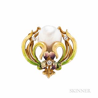 Art Nouveau 14kt Gold, Freshwater Pearl, and Enamel Pendant/Brooch, Krementz & Co.