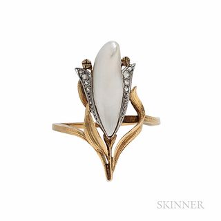 Art Nouveau 18kt Gold, Freshwater Pearl, and Diamond Ring