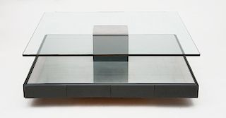 CONTEMPORARY BRUSHED METAL, GLASS AND LACQUERED WOOD LOW TABLE, BY TEENO