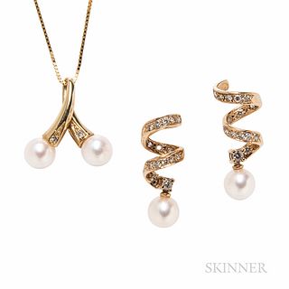 14kt Gold and Cultured Pearl Pendant and Earrings