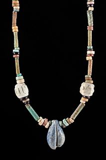 Egyptian Glazed Faience Bead Necklace w/ Lapis Pendant