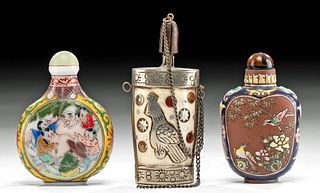 Lot of 3 Chinese Qing Enamel & Silver Snuff Bottles
