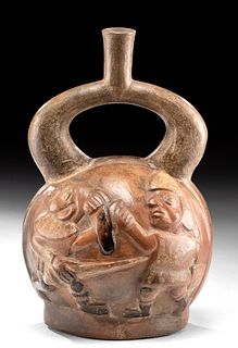 Moche Pottery Stirrup Jar with Battle Scene