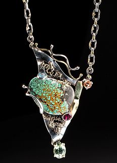 Mexican Silver Necklace w/ Turquoise & Gemstones
