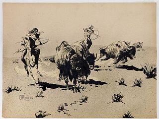 Otto Plaug Western Buffalo Hunting Ink Drawing