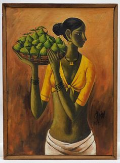 B. Prabha Woman with a Pear Basket O/C Painting