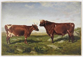 19C English School Prize Bull & Heifer Painting