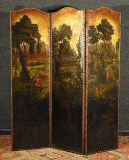 C.1900 English Painted Leather Fox Hunting Screen