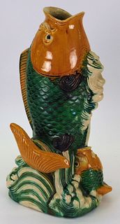Chinese Sancai Glaze Figural Pottery Koi Fish Vase
