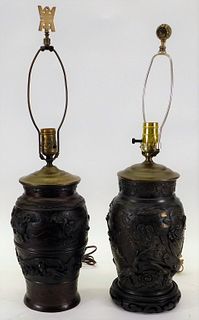 2 Japanese Figural Bronze Urn Lamps