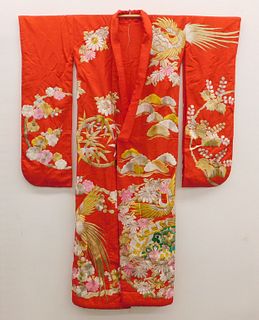 Japanese Silk Embroidered Red Crane Kimono