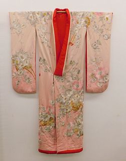 Japanese Silk Embroidered Pink Floral Kimono