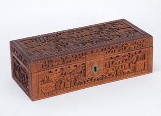 19C Chinese Carved Canton Sandalwood Box