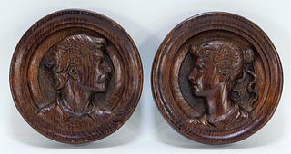 PR Opposing English Carved Wood Portrait Plaques