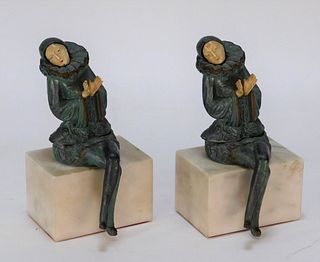 PR Art Deco Cold Painted Bronze Harlequin Bookends