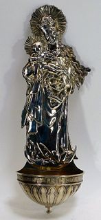 German .800 Silver Madonna & Child Holy Water Font