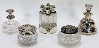 5PC Victorian Sterling Silver Glass Article Group