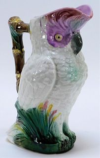 English Majolica Figural Parrot Pottery Pitcher