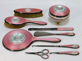 9 Foster & Bailey Pink Guilloche Silver Vanity Set