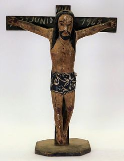 Polychrome Decorated Gilt Gesso Santos Crucifix