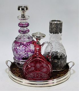 5PC Silver Overlay Glass Decanter Tray Vanity Set