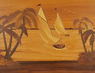 Florida Marquetry Scene, Sailboats, Signed