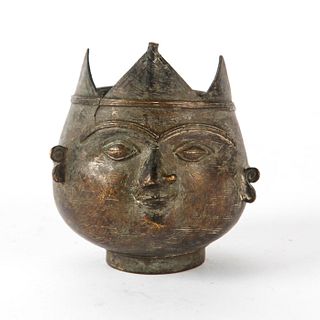 19TH C. BRONZE INDIAN CUP WITH ETCHED FACE