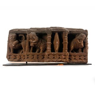 ANCIENT C. 3RD CENTURY INDIAN TEMPLE CARVING, ELEPHANTS & LION