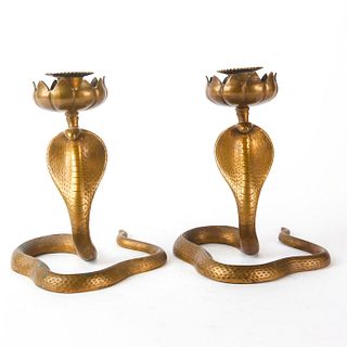 PAIR OF 19TH CENTURY BRONZE INDIAN COBRA CANDLE STANDS
