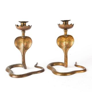 PAIR OF BRONZE INDIAN COBRA CANDLE STANDS
