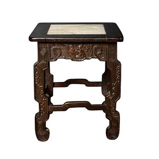 19TH C. CHINESE CARVED WOOD STOOL WITH MARBLE CENTER