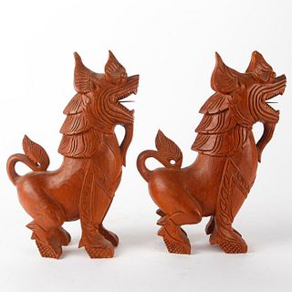 PAIR OF CARVED WOOD CHINESE FOO DOG STATUES