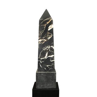 EXTREMELY LARGE BLACK MARBLE OBELISK WITH WOOD STAND