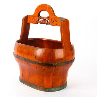ANTIQUE WOODEN BASKET WITH ENGRAVED HANDLE