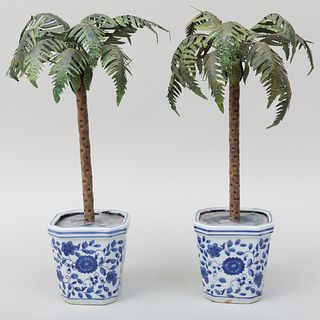 Pair of Painted Tin Palm Trees in Blue and White Porcelain Jardinières, Modern
