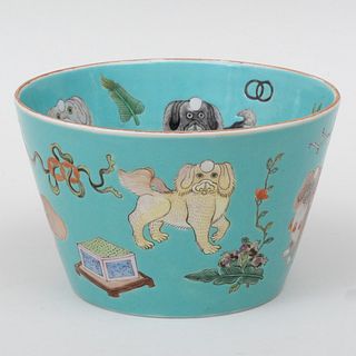 Chinese Porcelain Turquoise Ground Bowl with Chin Dogs