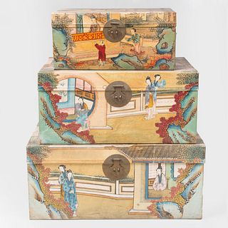 Three Chinese Export Painted Pigskin Chests