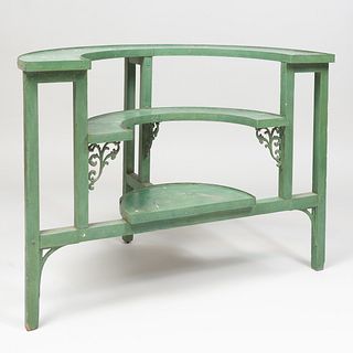 Metal-Mounted Green Painted Wood Three Tier Plant Stand