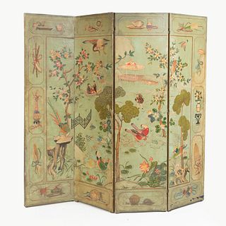 Dutch Green and Polychrome Painted and Parcel-Gilt Four Panel Screen