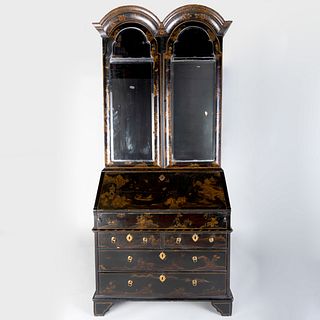 Queen Anne Style Double Domed Black Lacquer and Parcel-Gilt Secretary, 19th Century