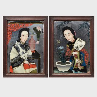 Pair of Chinese Export Reverse Paintings on Glass