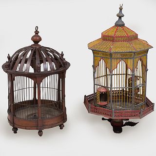 Victorian Oak and Wire Birdcage and a Painted TÃ´le Birdcage