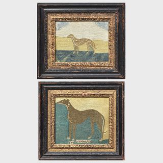 Pair of English Needlework Greyhounds Pictures