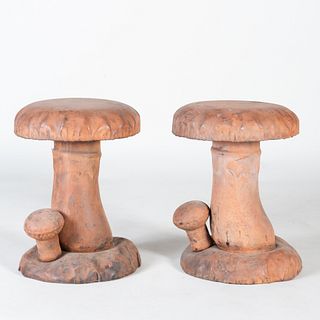 Two Metal Mushroom Form Garden Seats, Stamped D.U. Hofmann, Phila. PA, Pat. Pend.