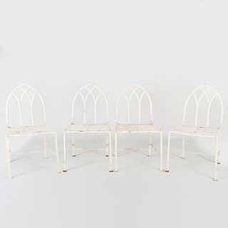 Set of Four Victorian Neo-Gothic Cast-Iron White Painted Garden Chairs