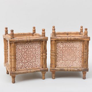 Pair of Turned Wood and Inset Minton Porcelain Tile Planters