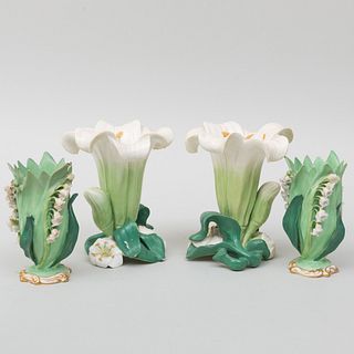 Two Pair of English Porcelain Flower Spill Vases, Minton and Rockingham