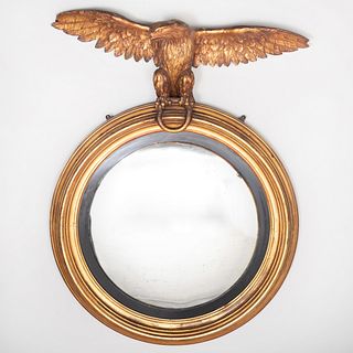 Regency Giltwood and Ebonized Convex Mirror