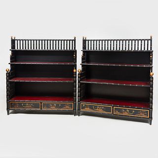Pair of Regency Style Black and Red Painted Four Tier Waterfall Bookcases, Modern