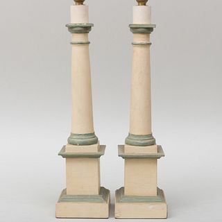 Pair of Cream and Green Painted Columnar Lamps, Colefax & Fowler 